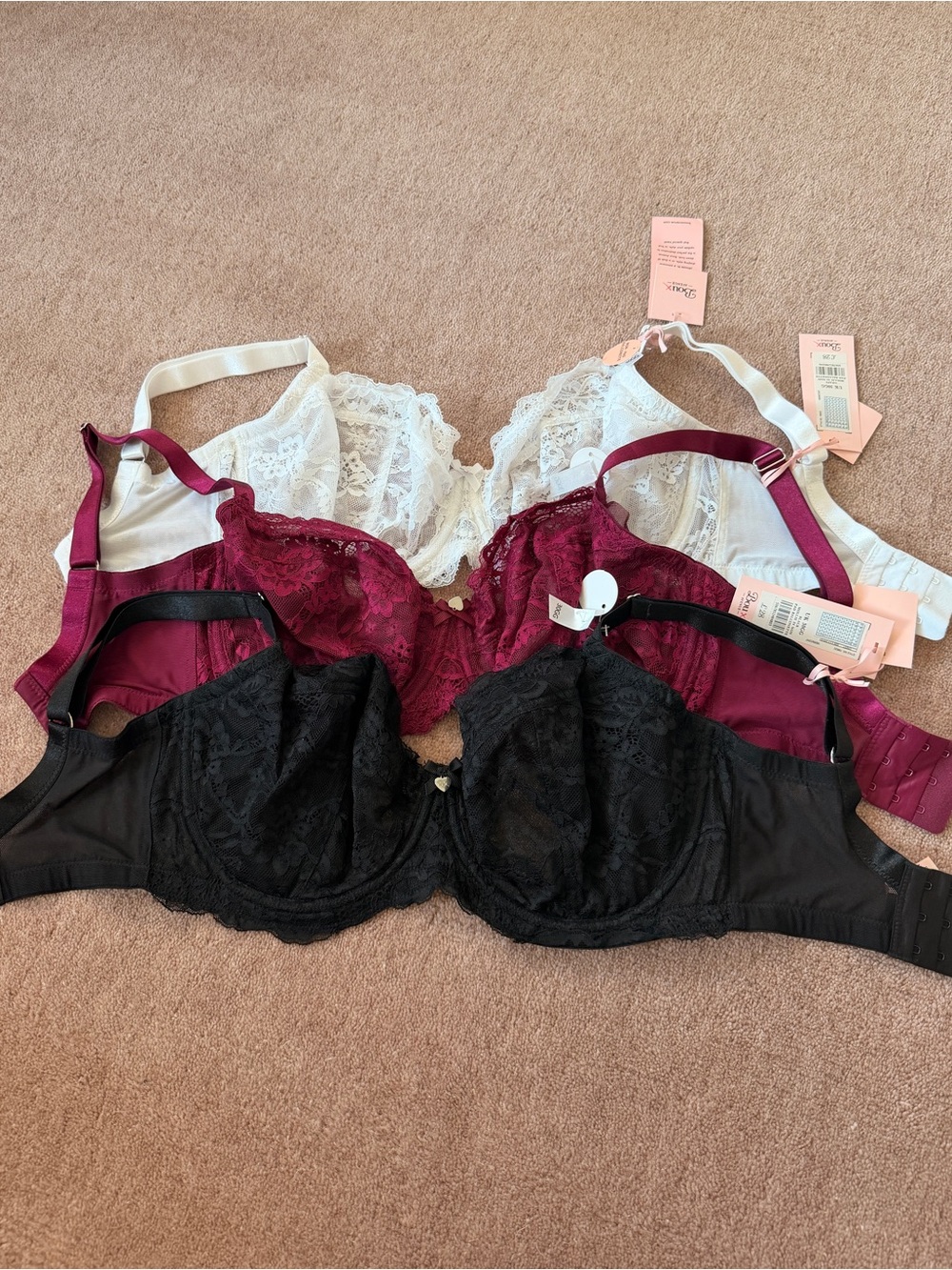 Boux Avenue Lace Underwire Bra Set of three 30GG Black, Wine, White